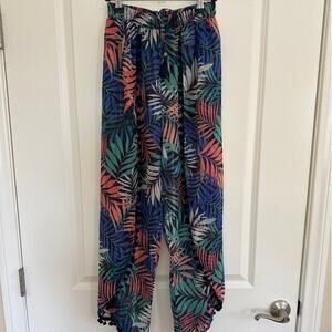 Tropical Leaf Print Boho Beach Lightweight Flowy Pants with Pom-Pom Trim Size S
